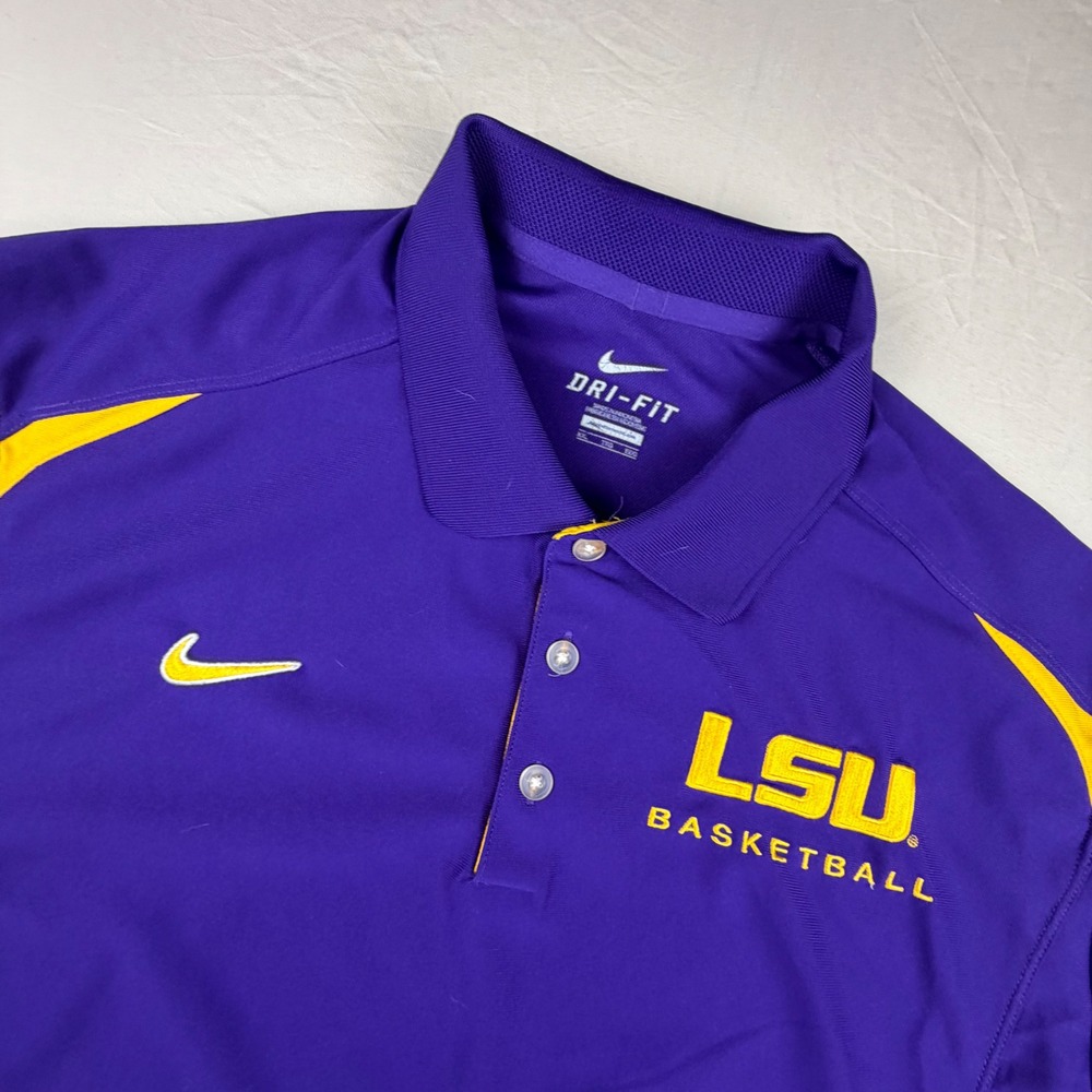 Nike LSU Basketball Polo Shirt Mens XL Purple Gold Dri-FIT Performance Collegiat